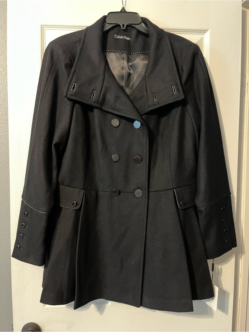 Calvin Klein Black Double-Breasted Pea Coat with Flared Hem